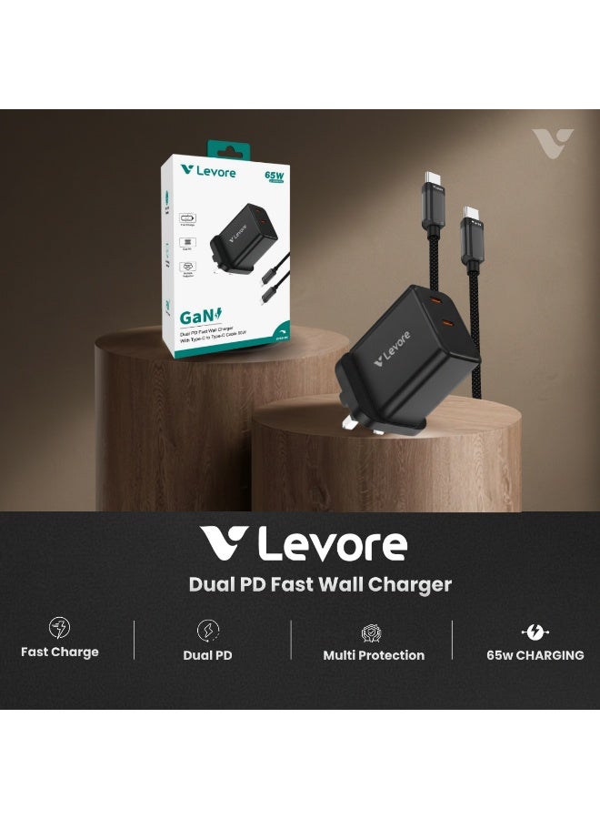 ليفور شاحن حائط ليفور GaN بقوة 65 واط مع منفذي PD وكابل USB-C إلى USB-C – LGW161-BK - Image 3